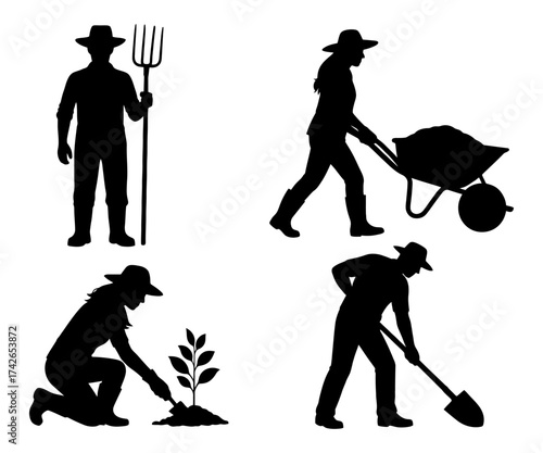 A man is digging a hole with a shovel. Another man is holding a pitchfork. A third man is pushing a wheelbarrow. Vector. Silhouette illustration.