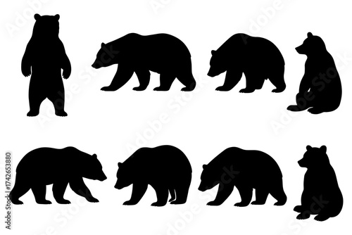 A series of black bear silhouettes are shown in a row. The bears are all different sizes and are standing, walking. Vector. Silhouette illustration.