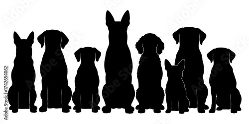 A row of dogs are sitting in a line, with the first dog on the left and the last dog on the right. Vector. Silhouette illustration.