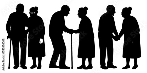 A series of silhouettes of elderly people, some of them holding hands. Scene is one of warmth and affection. Vector. Silhouette illustration.