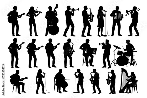 A collection of musicians in various positions, some playing instruments and others singing. Vector. Silhouette illustration.