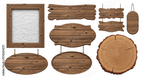 3d icon of assortment of rustic wooden signs and frames, including a picture frame, various plank signs, a hanging oval sign, and a tree trunk slice, isolated on transparent background