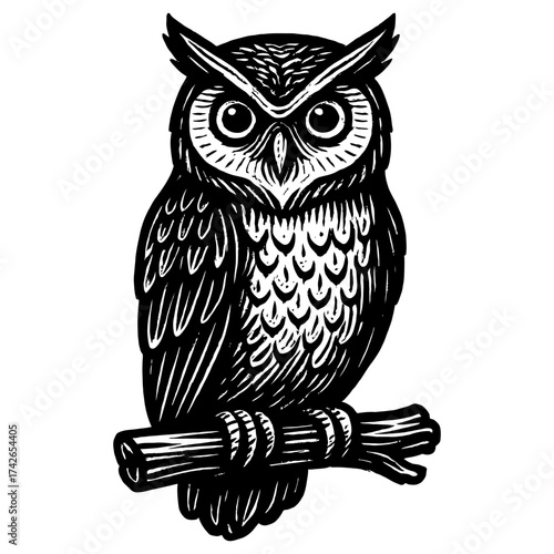 A black owl is perched on a branch. The owl has a fierce look on its face, and its eyes are staring straight ahead. Vector. Silhouette illustration.