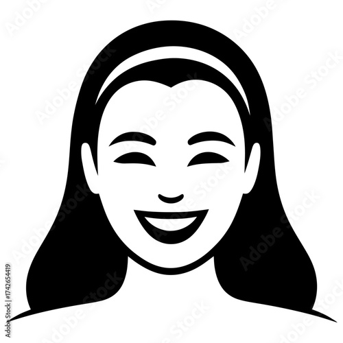 A smiling woman with long hair and a black headband. The woman is smiling and looking at the camera. Vector. Silhouette illustration.