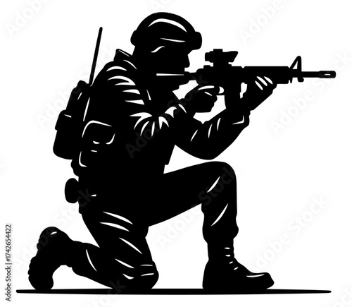 A soldier is crouching down and holding a rifle. Concept of duty and readiness for action. Vector. Silhouette illustration.