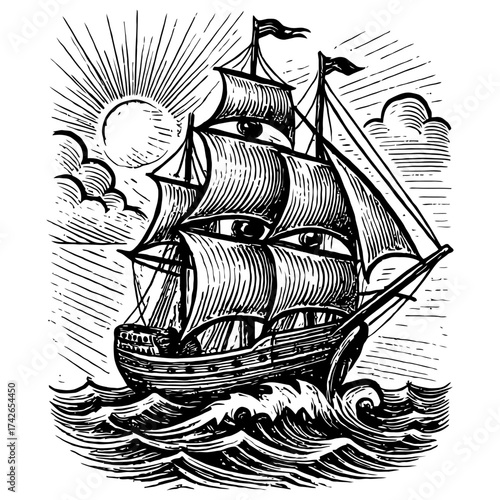 A black and white drawing of a ship sailing in the ocean. The ship is the main focus of the image, and it is a large. Vector. Silhouette illustration.