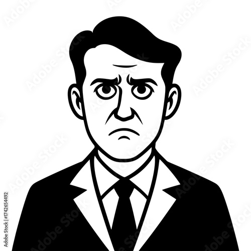 A man with a serious expression on his face. He is wearing a suit and tie. The image is black and white. Vector. Silhouette illustration.