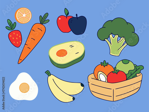 Healthy Food Vector Illustration Set: Fruits, Vegetables, and Protein for Diet. (76 characters)