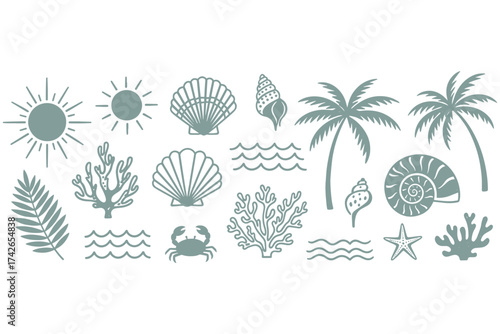 Monochrome beach elements isolated on white background featuring palm trees, seashells, and sea life for a serene coastal design vector illustration