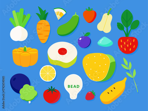 Minimalist Vector Illustration Set of Fresh Fruits and Vegetables on Blue Background