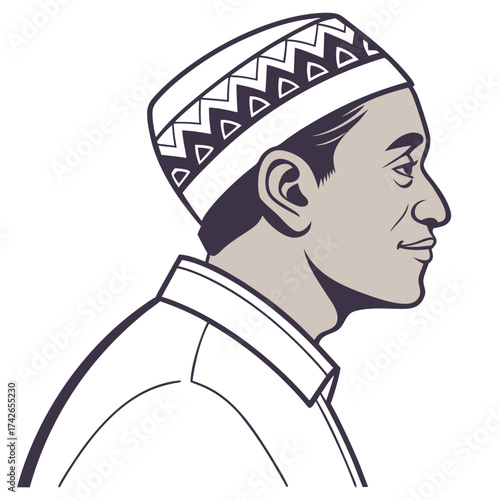 Profile of a muslim man wearing a taqiyah