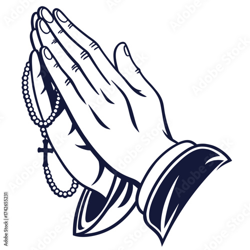 Praying hands with rosary in vector illustration