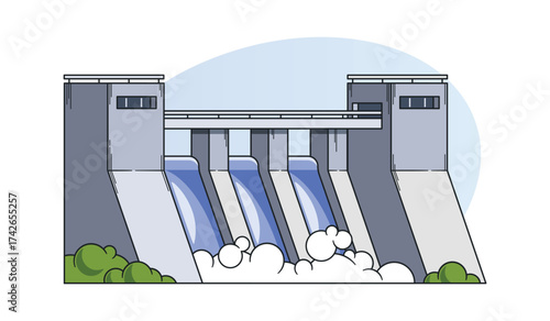 Hydroelectric dam with flowing water