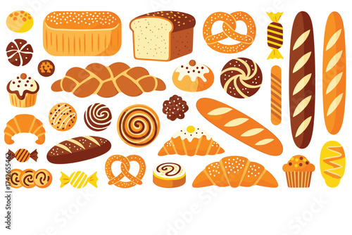 Assortment of baked goods isolated on white background, including bread, pastries, croissants, pretzels, and sweets in a colorful cartoon style vector illustration