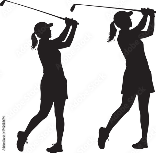 Two female golfers in silhouette mid swing on white background silhouette