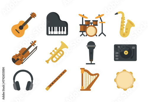 Vector Colorful musical instruments set: guitar, piano, drums, saxophone, violin, trumpet, microphone, turntable, headphones, flute, harp, tambourine