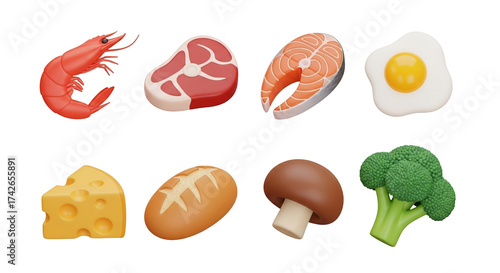 3d icon of collection of food items including shrimp, steak, salmon, egg, cheese, bread, mushroom, and broccoli isolated on transparent background