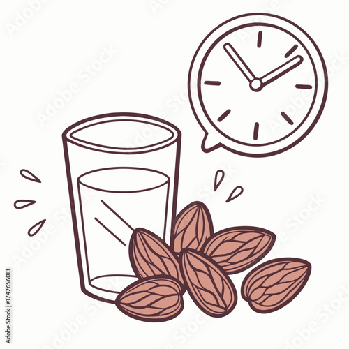 Almond milk in glass with clock vector illustration