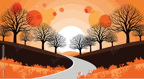 Autumn landscape, surreal sunset, winding road, bare trees, orange foliage, fantasy sky, fall season, nature scene, scenic view, dreamy atmosphere