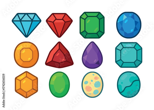 Vector Colorful set of assorted gemstones and minerals in various shapes and colors on white background