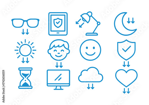 Vector Blue line art icons: technology, nature, emotions, protection, time