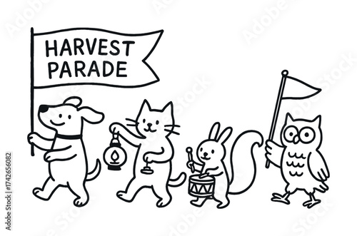 Vector Cartoon animals in harvest parade holding lanterns and flags