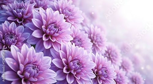 Close up of delicate light purple dahlias with soft focus background and bright light on the right