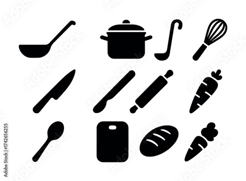 Vector Silhouette kitchen utensils: tools for cooking and baking