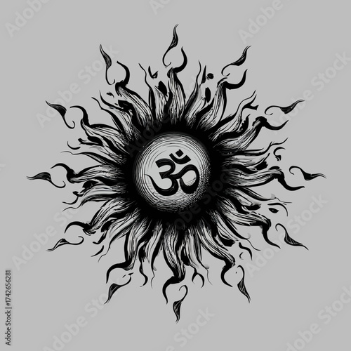 Intricate hand-drawn Om symbol illustration, radiating spiritual energy within a sun mandala design, for meditation and inner peace.