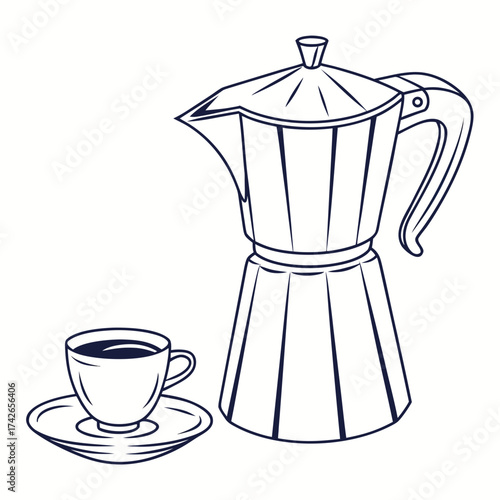 Coffee cup and moka pot in line art style
