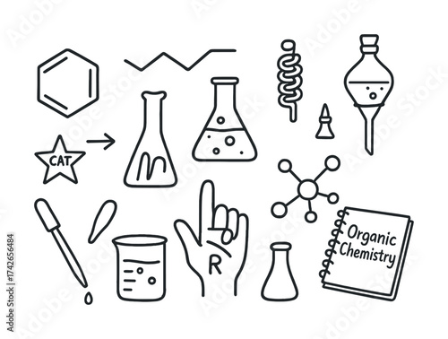 Vector Organic chemistry doodles: molecular structures, lab equipment, and chemistry concepts