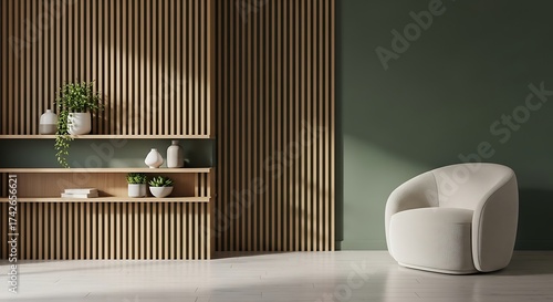 Modern interior design with curved armchair and slatted wood wall panel