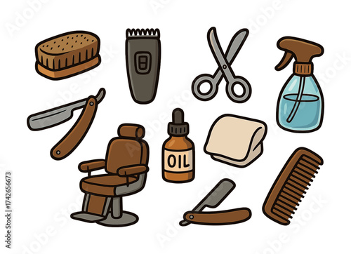 Vector Barber tools: clippers, scissors, chair, razor, oil, comb, brush, spray bottle