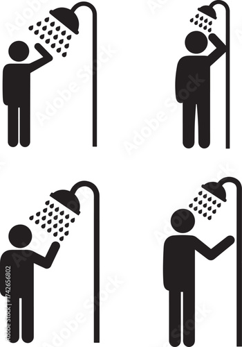 Four silhouette icons of people taking a shower silhouette
