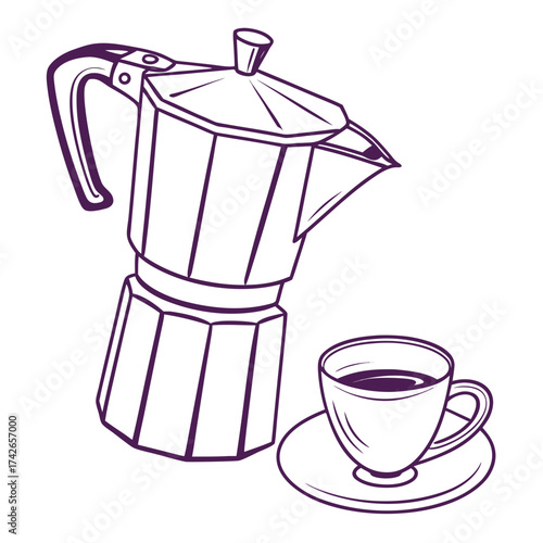 Hand drawn moka pot and cup of coffee vector