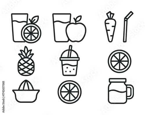 Vector Outline icons of juices, fruits, citrus slices, and straws