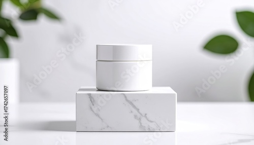 White cosmetic jar on marble pedestal with clean beauty concept.