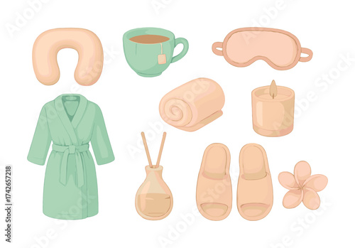Vector Relaxing spa essentials: robe, candle, tea, mask, slippers, pillow, and aromatherapy set