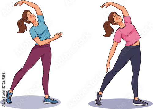 Side stretch exercise, fitness cartoon, warm-up pose, flexibility training, workout illustration, health movement, active lifestyle, vector gym character