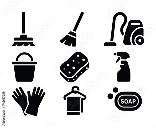 Vector Essential cleaning tools set: mop, broom, vacuum, bucket, sponge, spray, gloves, towel, soap