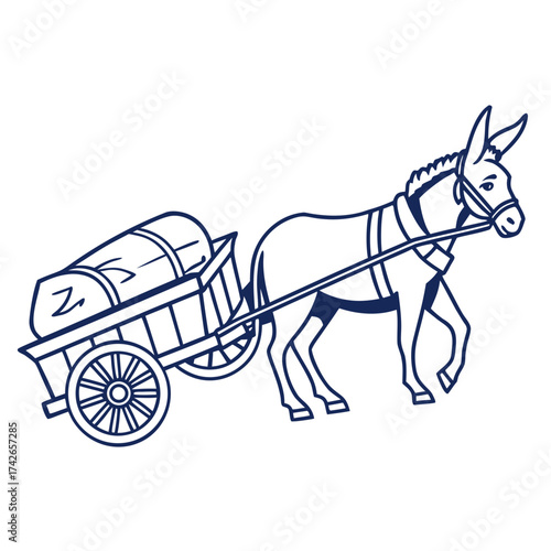 Illustration of a donkey pulling a cart with a barrel