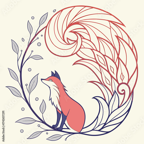 Illustration of a fox sitting in a floral wreath