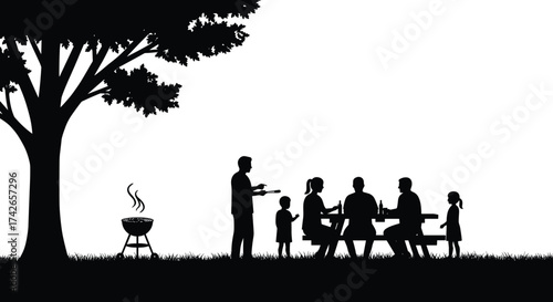Family picnic silhouette under tree with parents and children enjoying outdoor barbecue food together in park summer leisure vector illustration