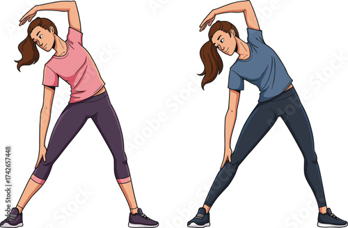 Side stretch exercise, fitness illustration, warm-up pose, flexibility training, cartoon workout, active lifestyle, health movement, vector fitness character