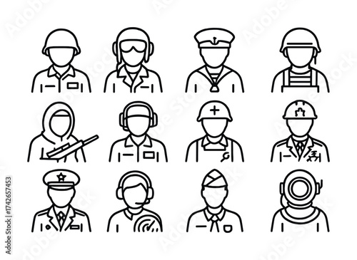 Vector Outline icons of military and service personnel in various uniforms and headgear