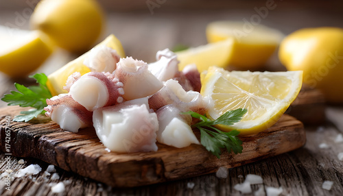 Pieces of raw squids with lemon on wooden table, closeup