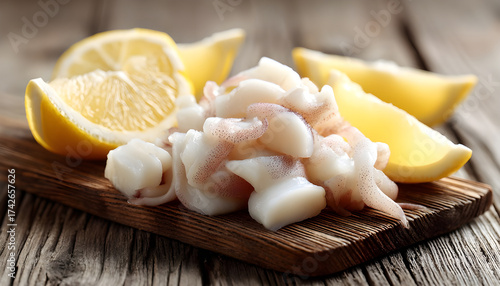 Pieces of raw squids with lemon on wooden table, closeup