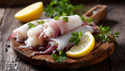 Pieces of raw squids with lemon on wooden table, closeup