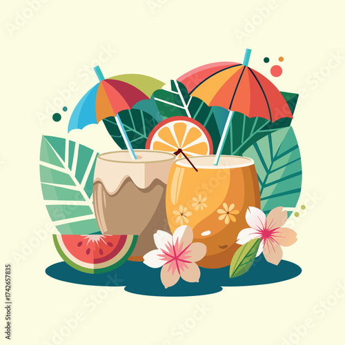 Tropical Summer Cocktails with Fruits and Flowers Vector Illustration