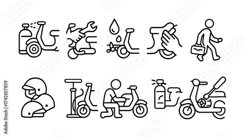 Vector Simple line drawing icon set for scooter maintenance and safety